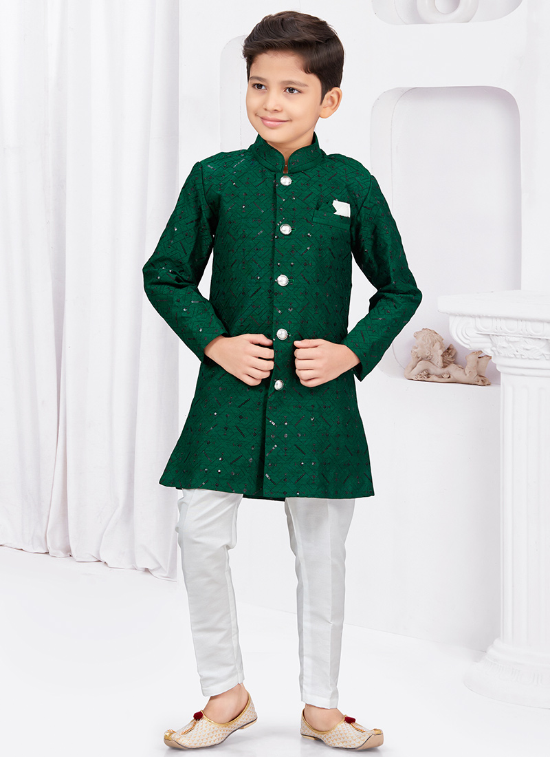 Bottle Green Banarasi Silk Sequins Indowestern Sherwani For Little Prince Wedding Wear