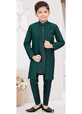 Bottle Green Banarasi Silk Thread Sequins Kids Boys Indowestern Sherwani