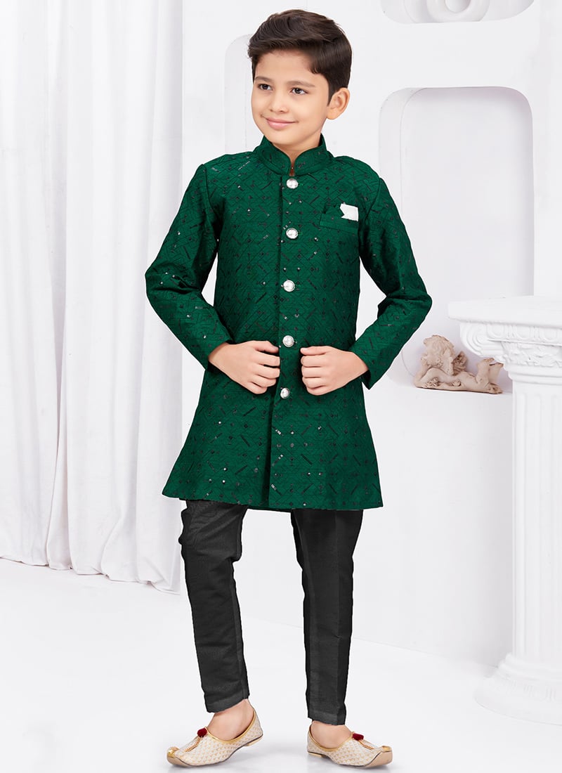 Bottle Green Banarasi Silk Thread Sequins Kids Boys Indowestern Sherwani Wedding Wear