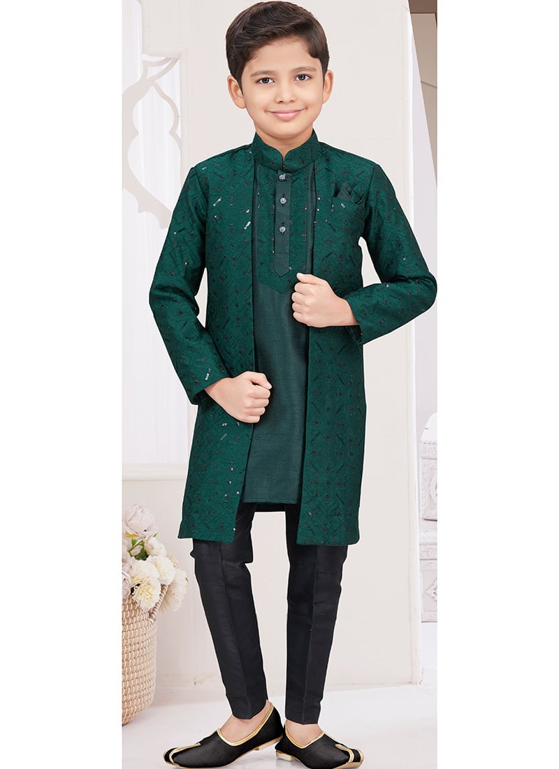 Bottle Green Banarasi Silk Thread Sequins Kids Boys Indowestern Sherwani Wedding Wear