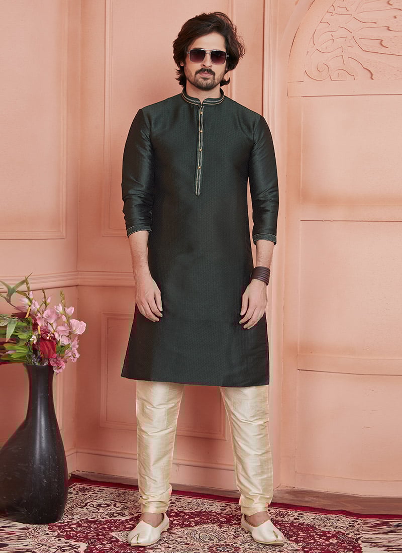 Bottle Green Brocade Jacquard Silk Kurta Pyjama