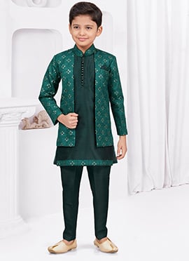 Bottle Green Champion Banarasi Silk Thread Sequins Kids Boys Indowestern Sherwani