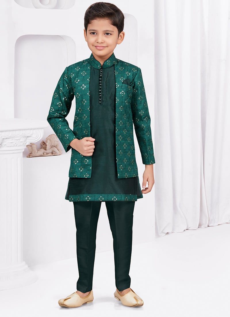 Bottle Green Champion Banarasi Silk Thread Sequins Kids Boys Indowestern Sherwani  Wedding Wear