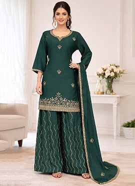 Bottle Green Chinon Embroidered Palazzo Suit