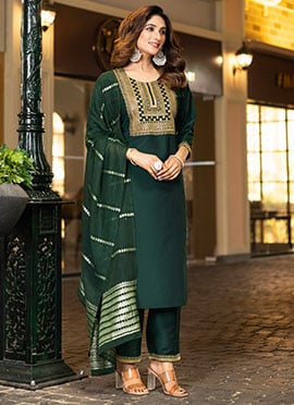 Bottle Green Chinon Embroidered Sequins Straight Pant Suit