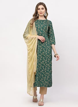 Bottle Green Cotton Viscose Printed Straight Pant Suit