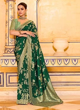 Bottle Green Crepe Silk Zari Jacquard Floral Woven Saree