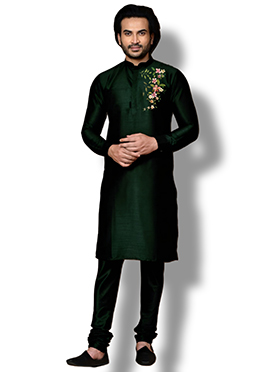 Bottle Green Dupion Embroidered Kurta Pyjama