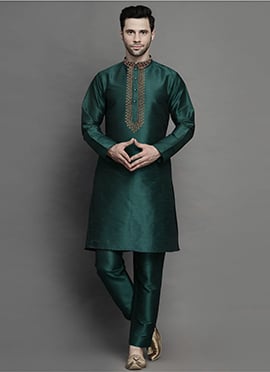 Bottle Green Dupion Embroidered Kurta Pyjama