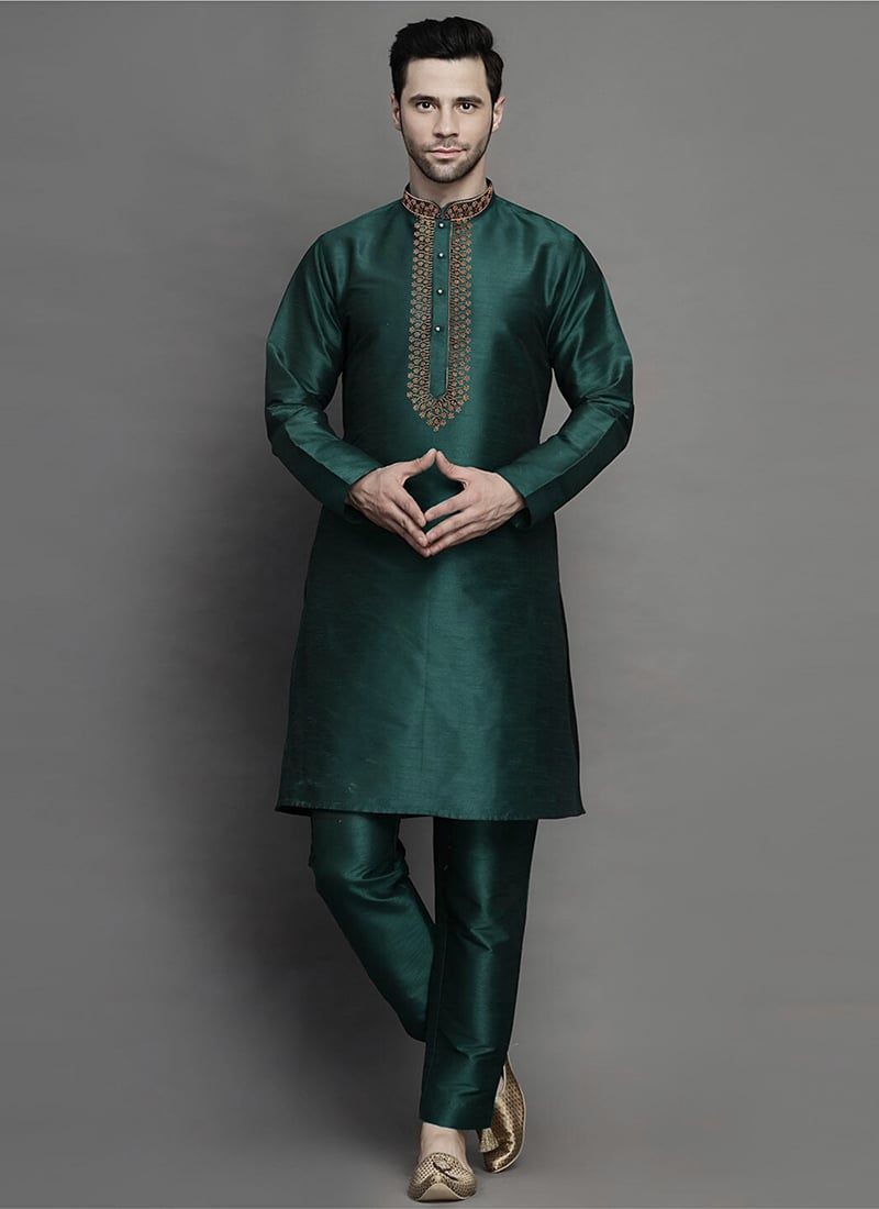 Bottle Green Dupion Embroidered Kurta Pyjama Festive Wear
