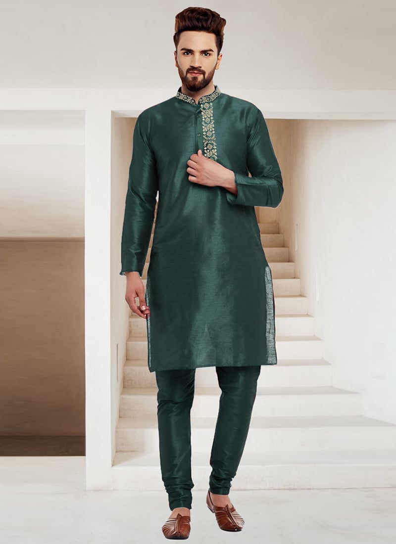 Bottle Green Dupion Embroidered Kurta Pyjama Festive Wear