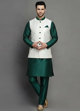 Bottle Green Dupion Silk Bandi Set For Men