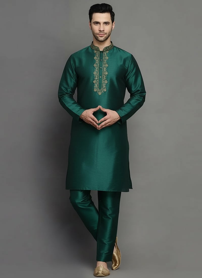 Bottle Green Dupion Silk Embroidered Kurta Pyjama For Men Festive Wear