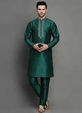 Bottle Green Dupion Silk Embroidered Kurta Pyjama For Men