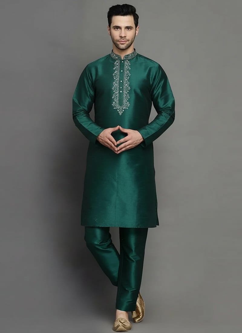 Bottle Green Dupion Silk Embroidered Kurta Pyjama For Men Festive Wear