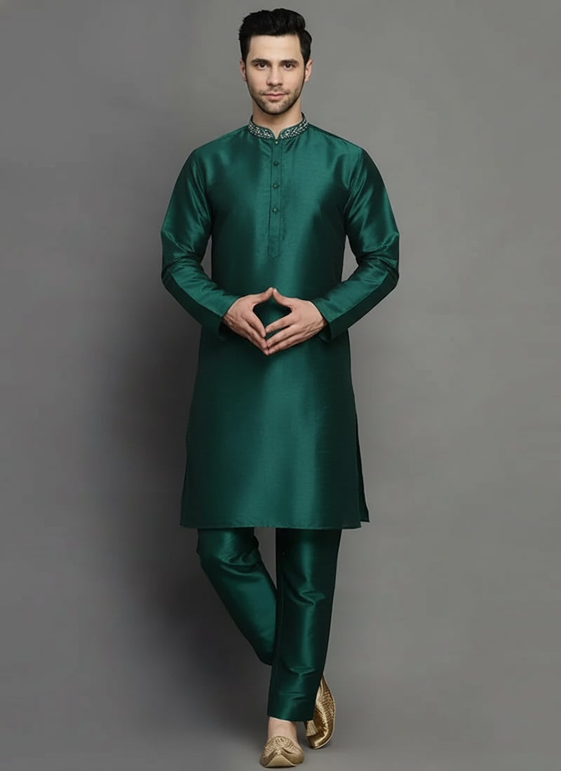 Bottle Green Dupion Silk Embroidered Kurta Pyjama For Men Festive Wear