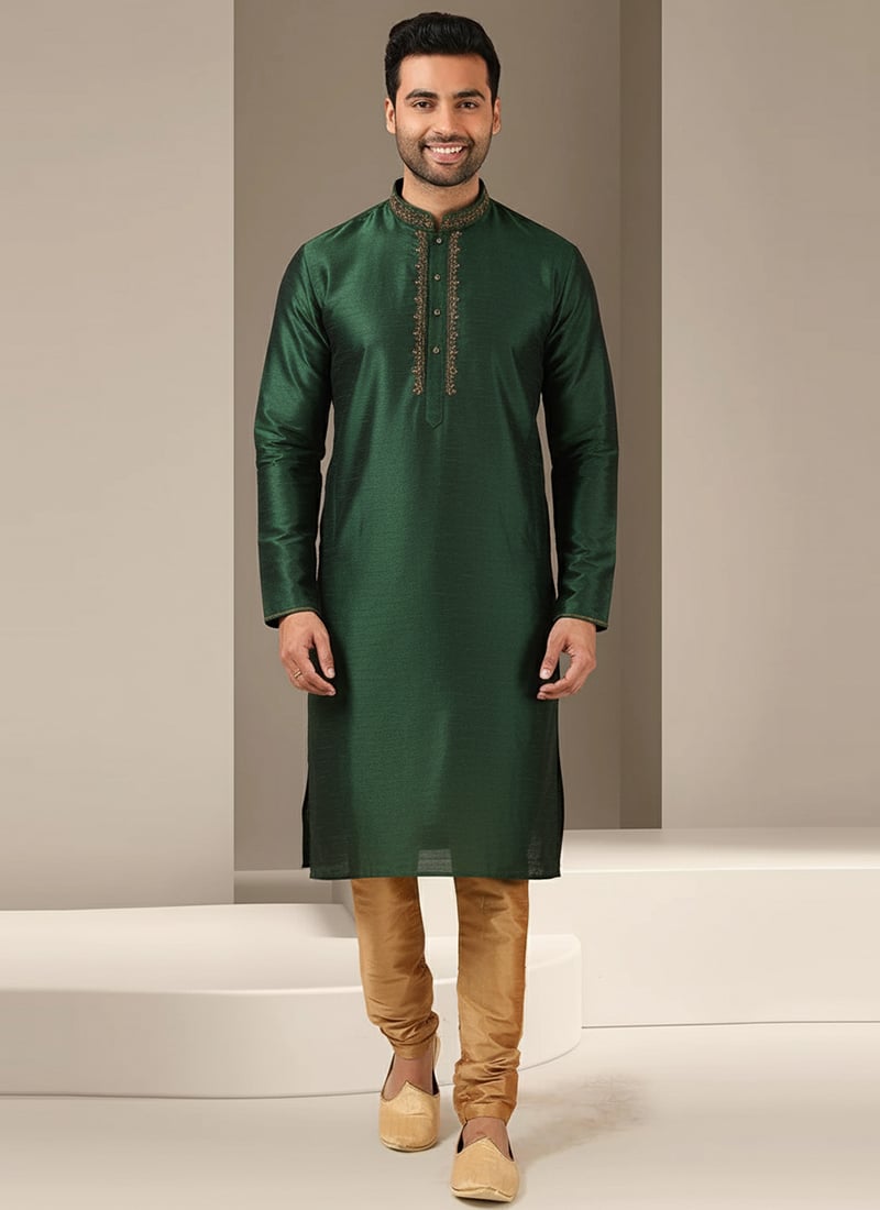 Bottle Green Dupion Silk Embroidered Kurta Pyjama For Men Festive Wear