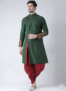 Bottle Green Dupion Silk Embroidered Kurta Pyjama