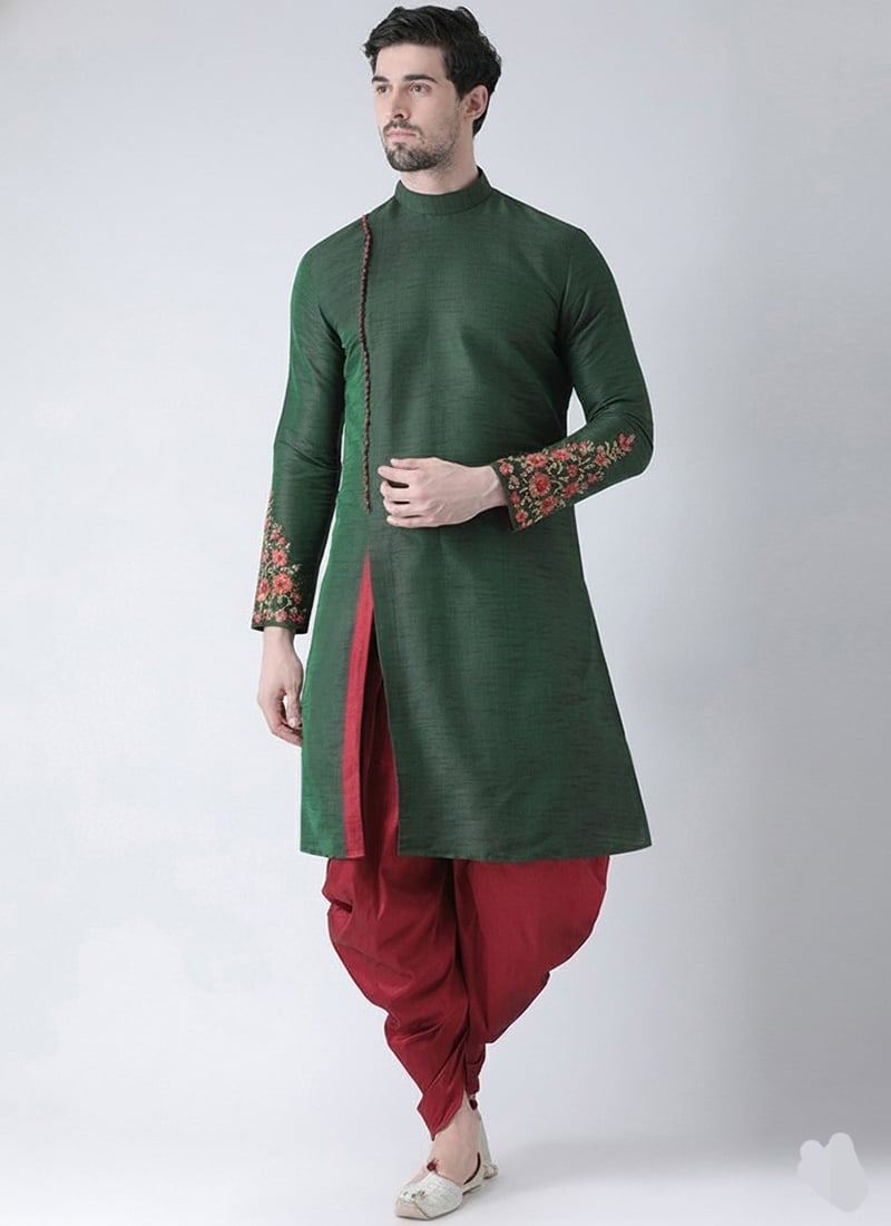 Bottle Green Dupion Silk Embroidered Kurta Pyjama Festive Wear