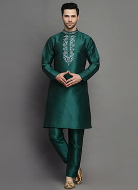 Bottle Green Dupion Silk Embroidered Kurta Pyjama