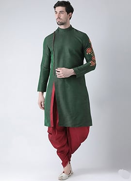 Bottle Green Dupion Silk Embroidered Kurta Pyjama