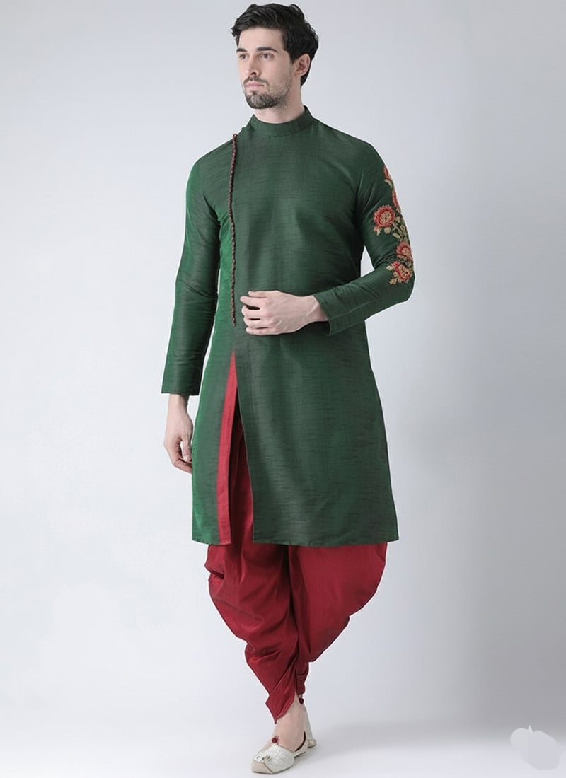 Bottle Green Dupion Silk Embroidered Kurta Pyjama Festive Wear