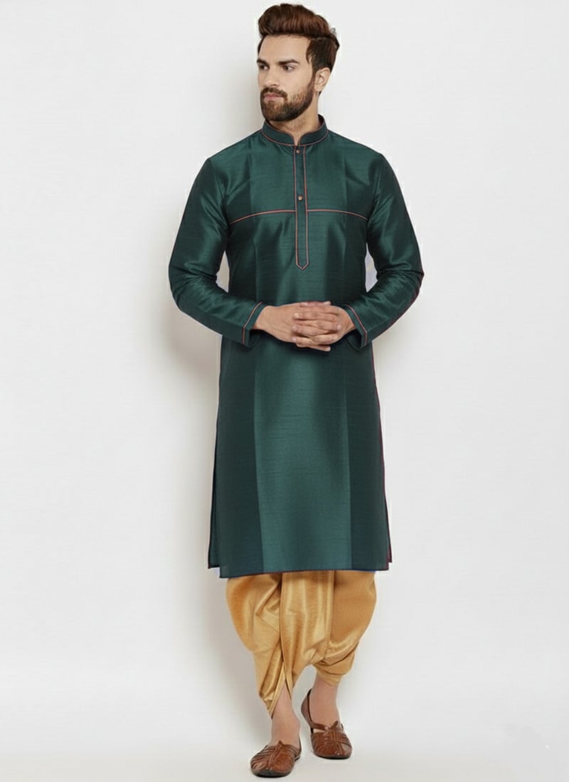 Bottle Green Dupion Silk Embroidered Kurta Pyjama Festive Wear