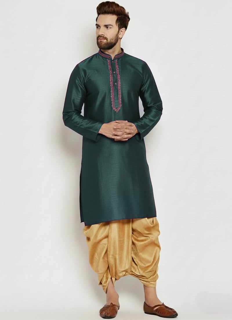 Bottle Green Dupion Silk Embroidered Kurta Pyjama Festive Wear