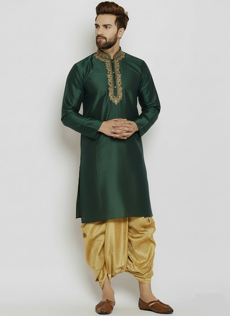 Bottle Green Dupion Silk Embroidered Kurta Pyjama