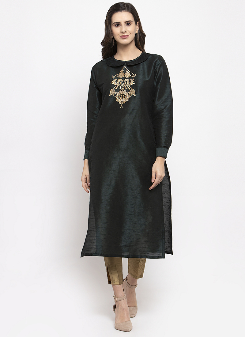 Buy Black Dupion Silk Embroidered Kurti 