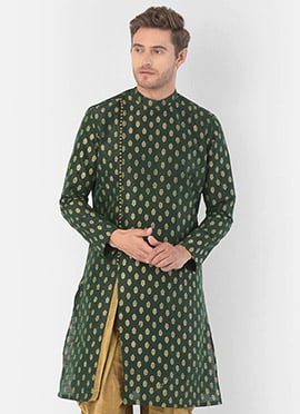 Bottle green Dupion Silk Printed Kurta