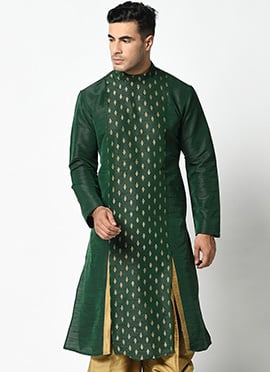 Bottle green Dupion Silk Printed Kurta Pyjama