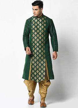Bottle Green Dupion Silk Zari Work Kurta Pyjama