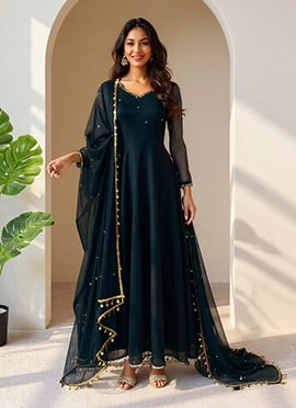 Green Faux Georgette Sequins Beads Work Anarkali Suit Festive Wear