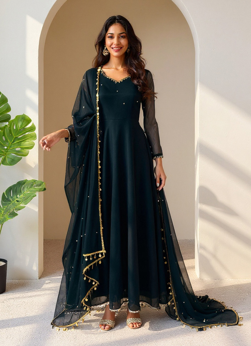 TRENDMALLS Completo Anarkali Ricamato Per Donna – Tessuto Georgette Verde Scuro, Con Dupatta, Taglia Cucita, Pronto Da Indossare