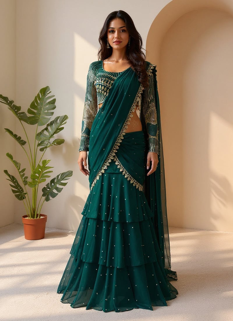 Bottle Green Faux Georgette Zari Sequins Pre Draped Lehenga Saree Festive Wear