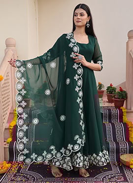 Bottle Green Georgette Embroidered Anarkali Suit