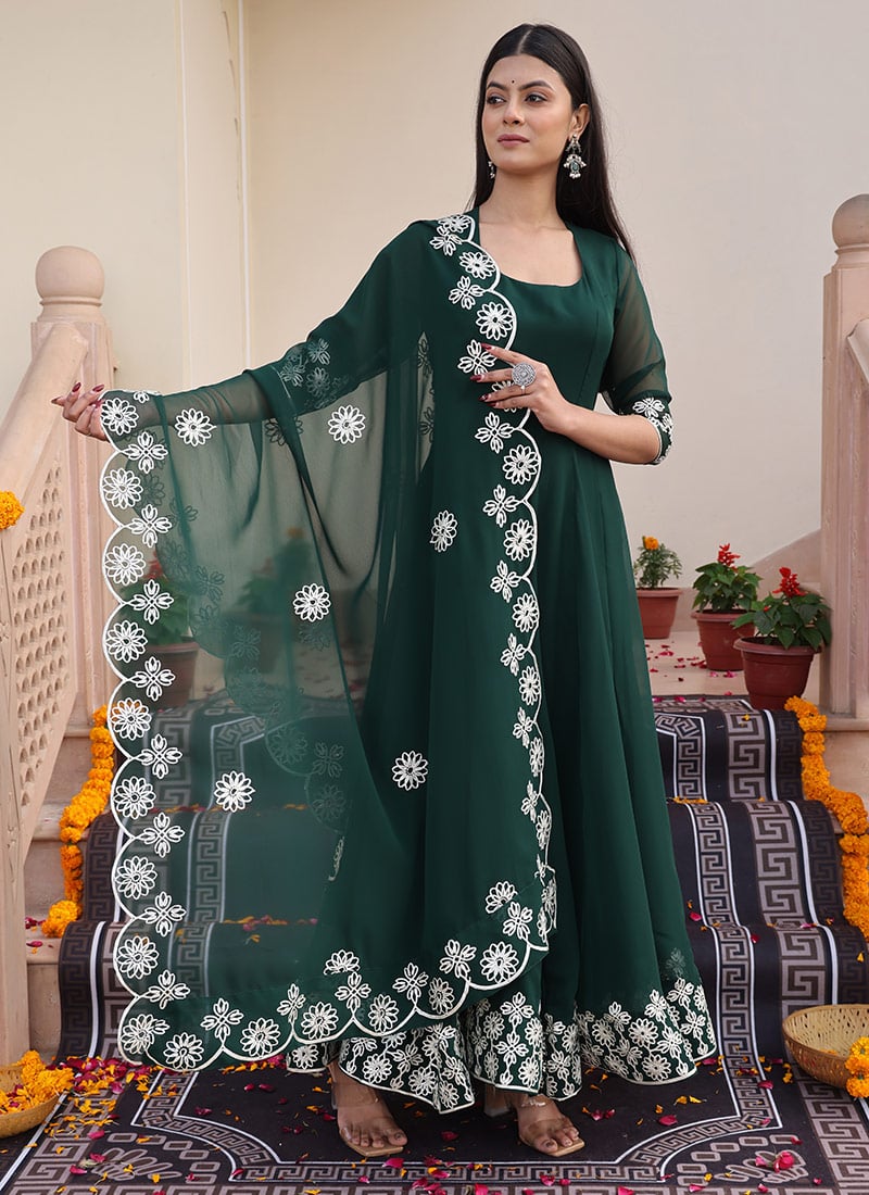 Bottle Green Georgette Embroidered Anarkali Suit