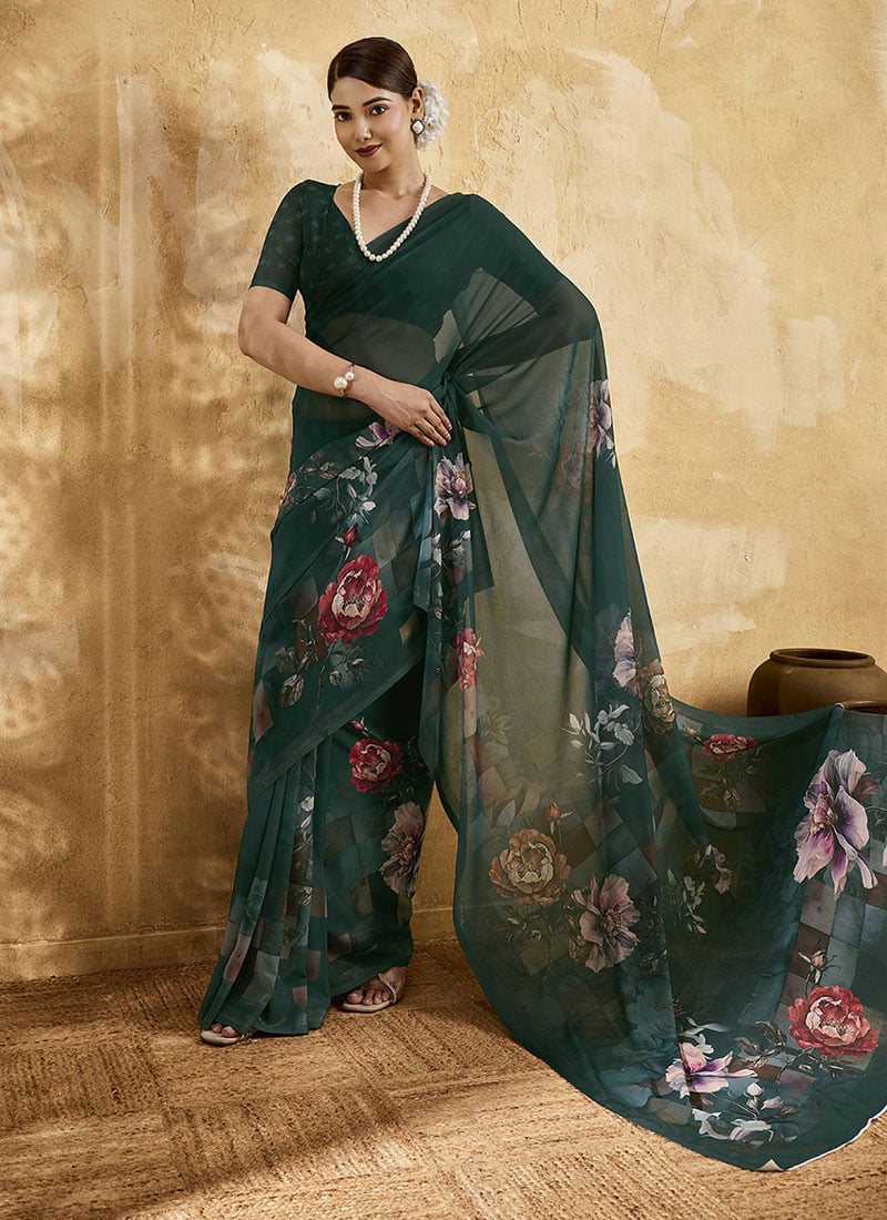Bottle Green Georgette Floral Printed Saree After Six Wear