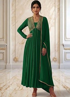 Bottle Green Georgette Hand Embroidered Sequins Anarkali Suit