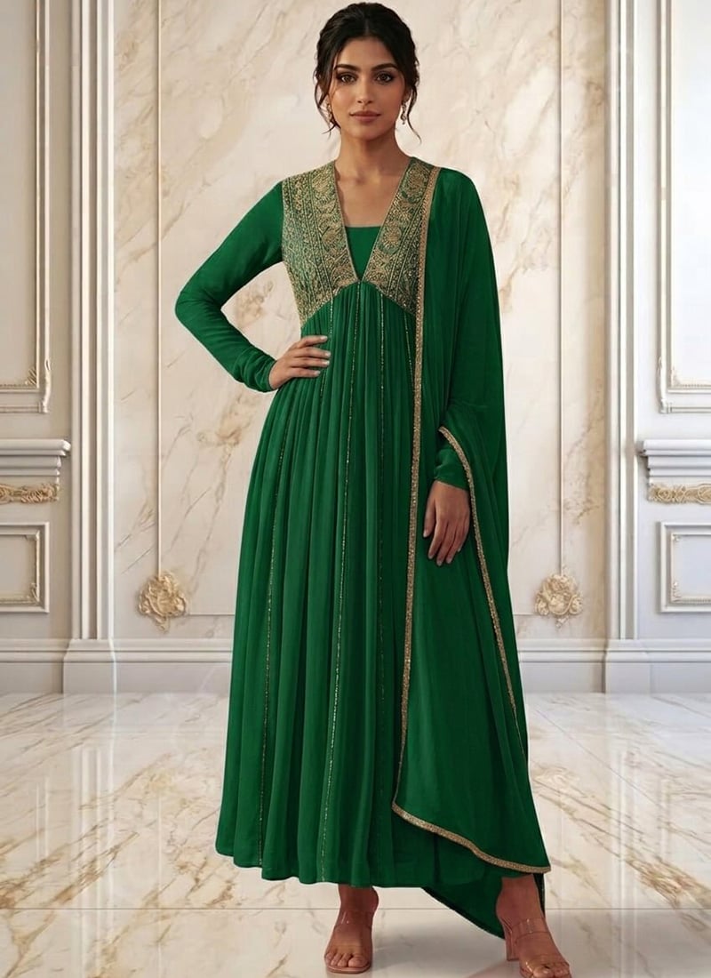 Bottle Green Georgette Hand Embroidered Sequins Anarkali Suit Wedding Wear