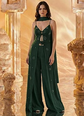 Bottle Green Georgette Hand Embroidered Sequins With Beads Work Palazzo Suit