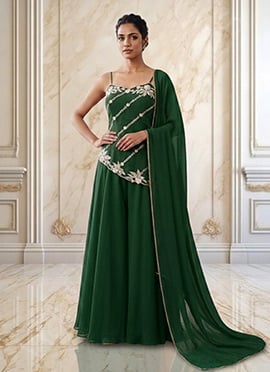 Bottle Green Georgette Hand Embroiodered With Beads Work Palazzo Suit