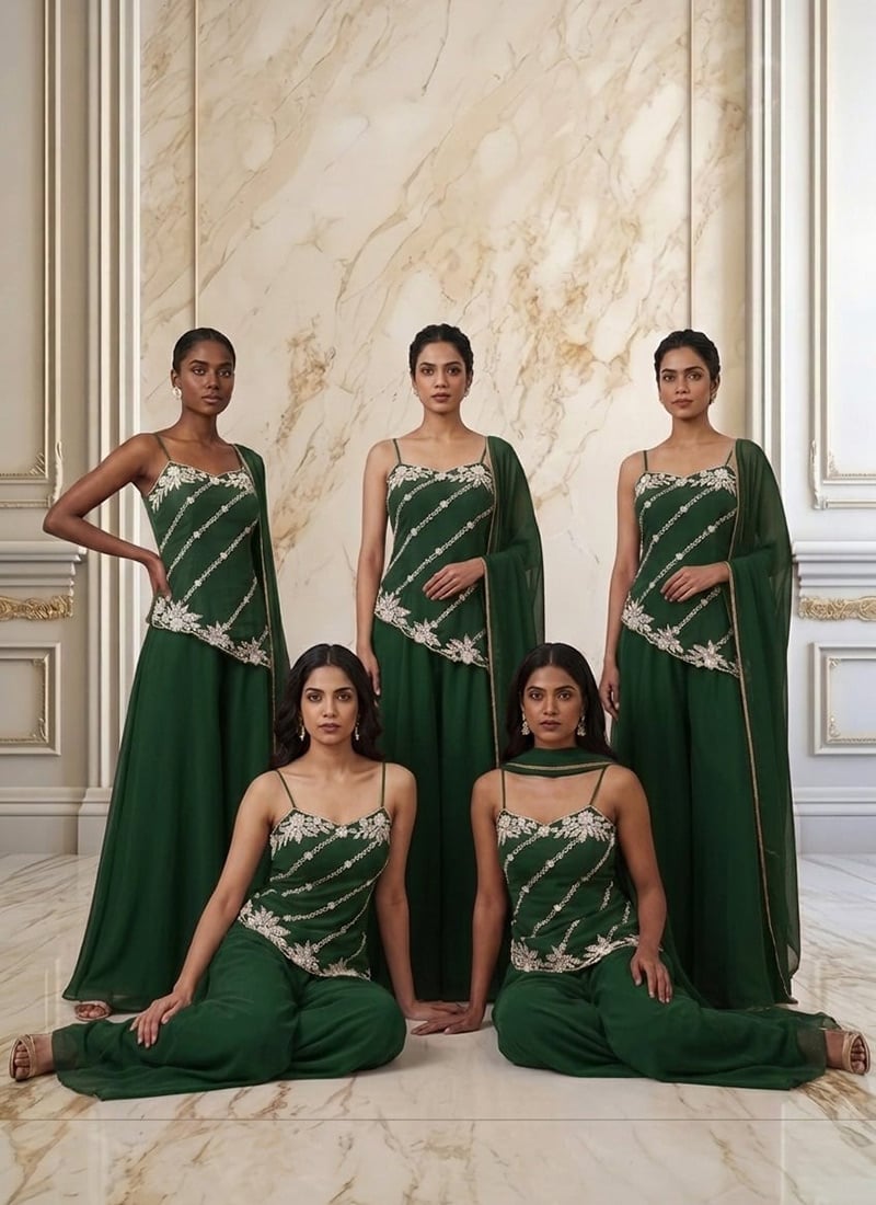 Bottle Green Georgette Hand Embroiodered With Beads Work Palazzo Suit Wedding Wear