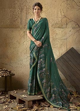 Bottle Green Georgette Printed Saree