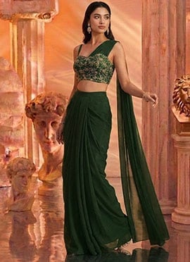 Bottle Green Georgette Zardosi Sequins With Stones Pre Draped Indo Western