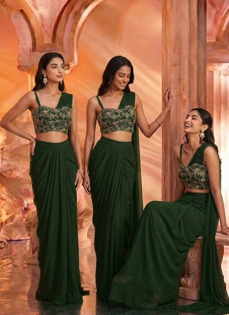 Bottle Green Georgette Zardosi Sequins With Stones Pre Draped Indo Western Wedding Wear
