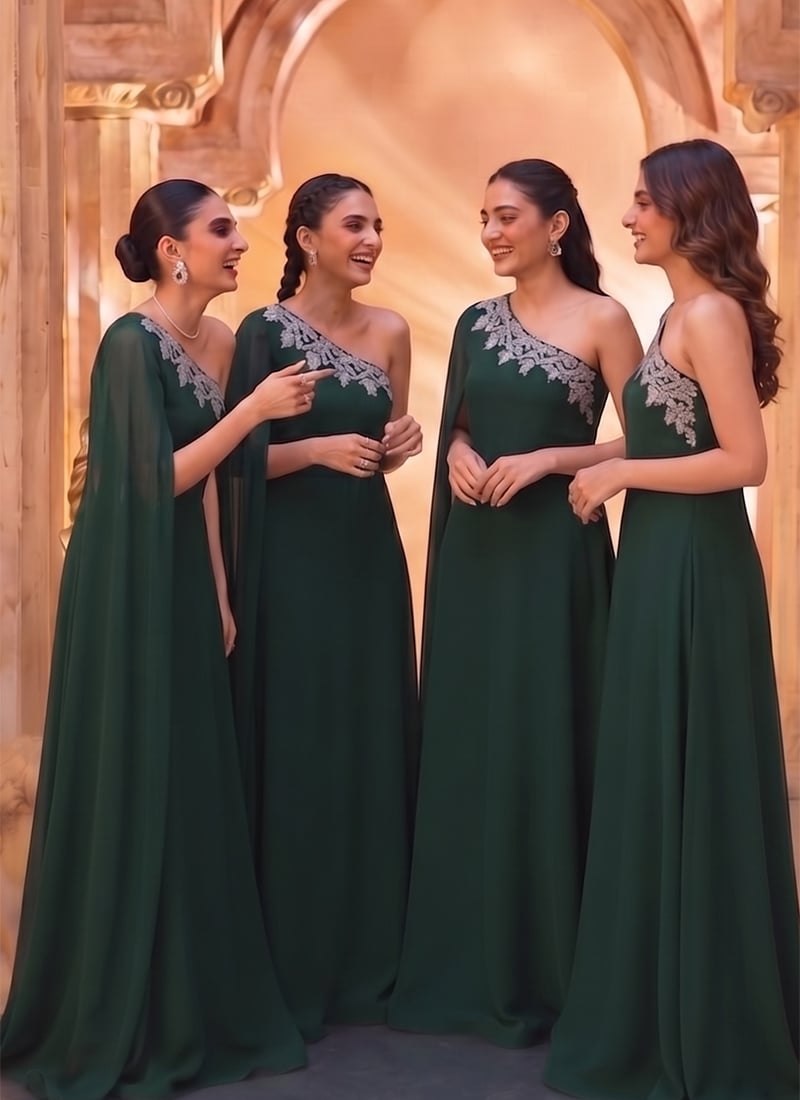 Bottle Green Georgette Zari Embroidered Sequins With Stone Work Indo Western Set After Six Wear
