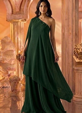 Bottle Green Georgette Zari Embroidered Sequins With Stone Work Indo Western Set