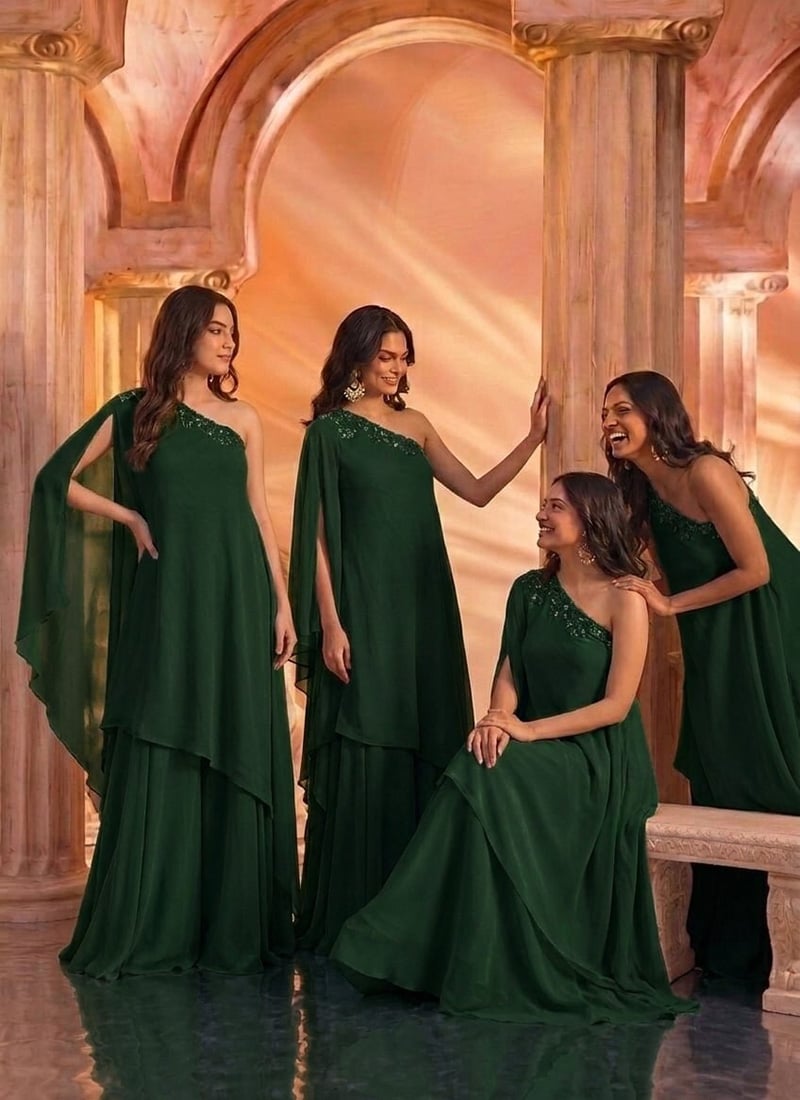 Bottle Green Georgette Zari Embroidered Sequins With Stone Work Indo Western Set After Six Wear